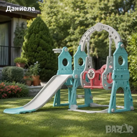 Детски комплект 4 в 1 с пързалка 160 см, люлка, баскетболен кош и топка, снимка 4 - Детски люлки - 55447866