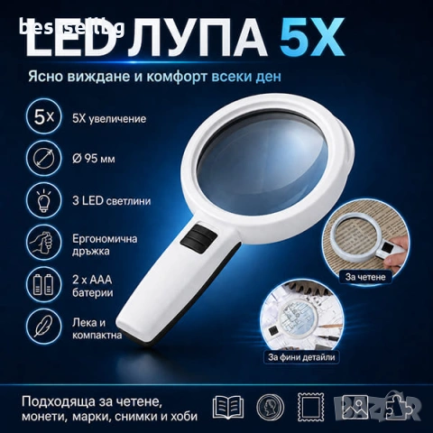 Професионална увеличителна ръчна лупа с LED осветление голяма мощна 5X
