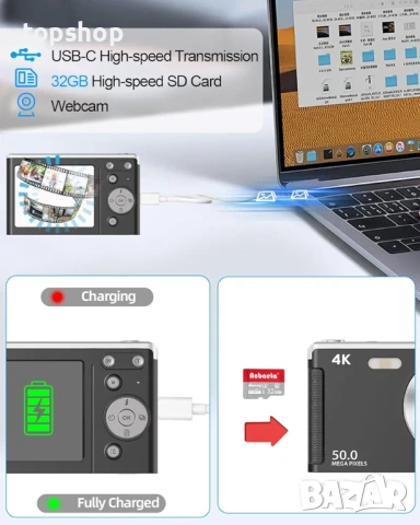 Чисто нов 4K 50MP фотоапарат за влогове – Автофокус, 32GB карта, 2 батерии, черен, сив или розов  , снимка 4 - Фотоапарати - 54620628