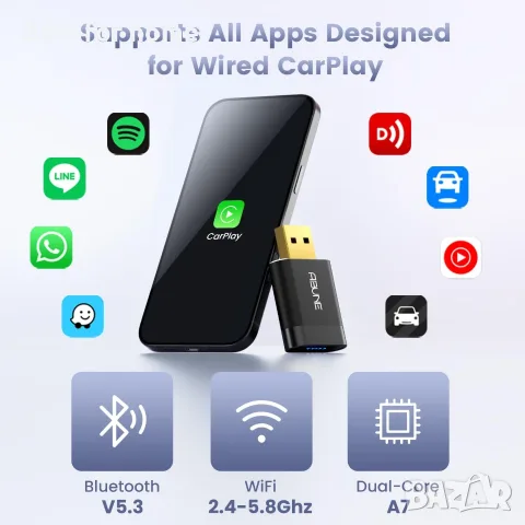 Мини безжичен CarPlay адаптер за iPhone, 2 в 1 CarPlay и Android Auto адаптер, кабелен към безжичен, снимка 3 - Аксесоари и консумативи - 55603459