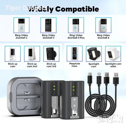 Комплект 2 бр. батерии V4 + двойна зарядна станция за Ring Video Doorbell и Ring камери, снимка 2 - Друга електроника - 55013676
