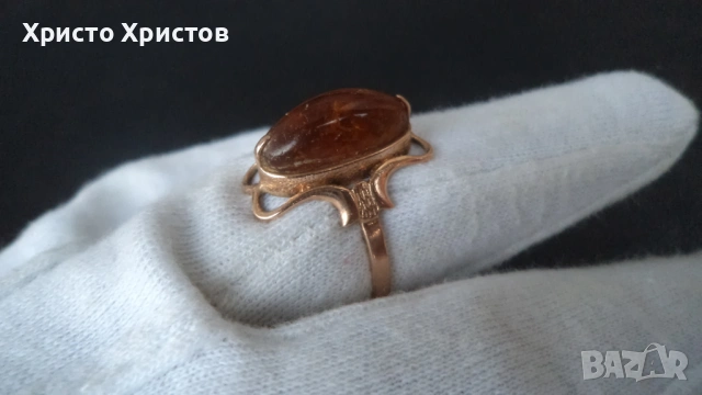 Руски-СССР златен пръстен с кехлибар, снимка 4 - Пръстени - 54128115