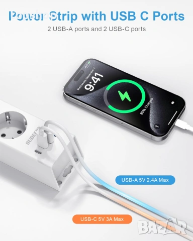 Чисто нов смарт разклонител 8 в 1 с USB-C портове и защита от пренапрежение  Продавам чисто нов..., снимка 5 - Други - 54886446