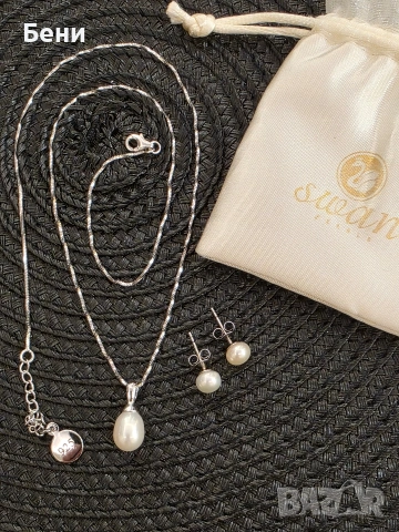 Swan Елегантен сребърен комплект с перли (колие и обеци) – проба 925