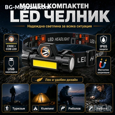 Компактен акумулаторен LED челник за глава фенер зареждащ се USB четене бягане риболов с магнит