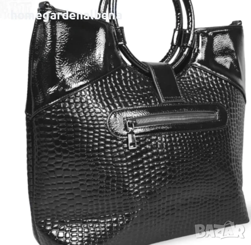 Дамска чанта тоут черна лачена еко кожа крокодилска щампа кръгли дръжки, снимка 3 - Чанти - 54146123