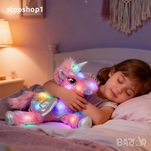 Hopearl Цветна LED музикална плюшена играчка еднорог, светеща, пееща, регулируема сила на звука, при