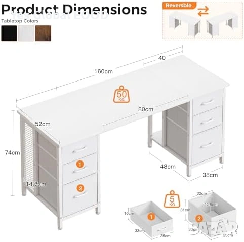 Бюро Coleshome 160см с 6 чекмеджета и USB, снимка 3 - Маси - 54532814
