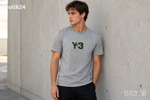 Мъжка тениска Y-3 (Yohji Yamamoto × adidas) — сив меланж с лого „Y-3" в неоново зелено