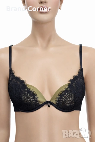Елегантен сутиен Hunkemöller с маслиненозелен сатен и деликатна черна дантела - Размер 75B