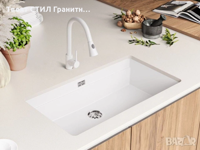 Бяла кухненска мивка за вграждане под плот Прага 90 Level 860 x 470 мм, снимка 4 - Мивки - 53995138