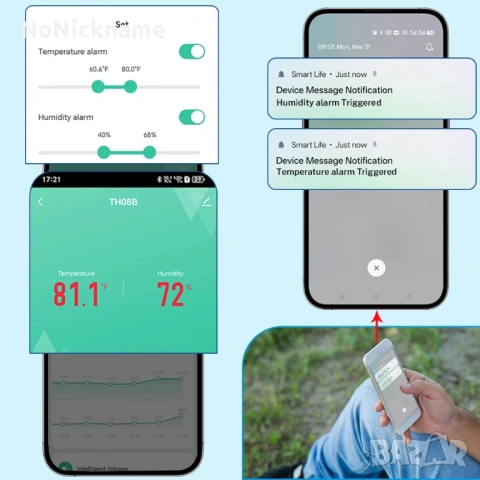 Smart Life, Tuya WiFi смарт сензор за температура и влажност с подсветка хигрометър термометър TH08B, снимка 14 - Друга електроника - 54596166