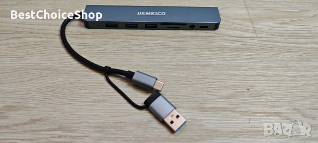 USB-C 8-в-1 хъб: 4 USB-A, четец за SD/TF карти, жак за слушалки, многопортов адаптер, снимка 2 - Кабели и адаптери - 55133667