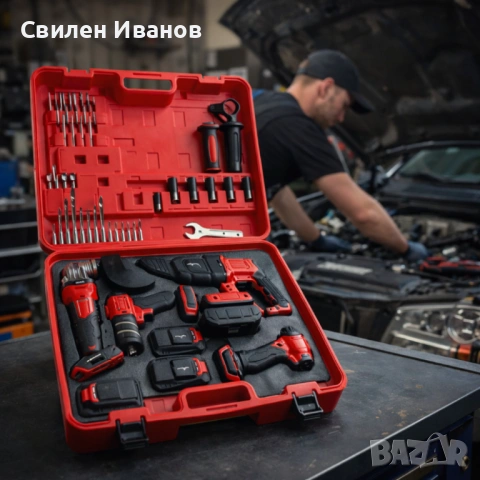 Комплект 4 в 1 акумулаторен перфоратор, гайковерт, винтоверт и ъглошлайф 36V 8A, снимка 5 - Куфари с инструменти - 54462010