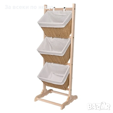 Дървена етажерка с плетени панери на 3 нива, 35×35×102 см Код P2509