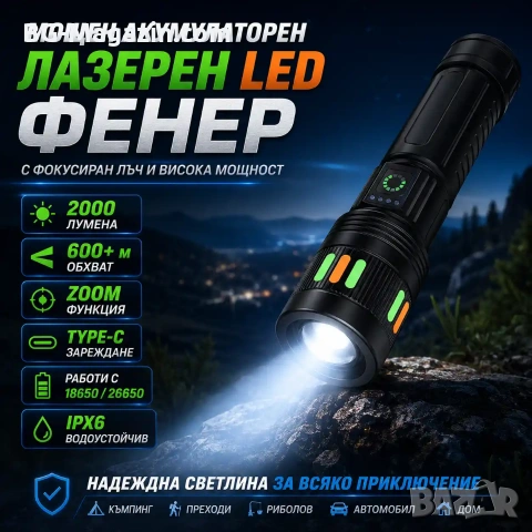 Мощен акумулаторен лазерен LED фенер далекобоен тактически ръчен прожектор водоустойчив USB къмпинг
