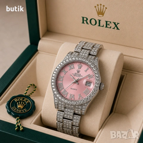 🌸 Сребрист дамски часовник Rolex стил с розов циферблат
