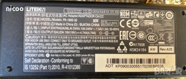 Oригинално зарядно Acer LITEON AC Adapter PA-1900-32 19V 4.74A 90W 3.0x1.0mm, снимка 2 - Лаптоп аксесоари - 54767599