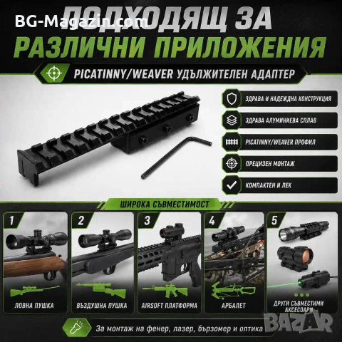 Удължителен адаптер пикатини стойка уивър база за въздушна ловна пушка еърсофт гладкоцевна стойка, снимка 7 - Оборудване и аксесоари за оръжия - 51092139