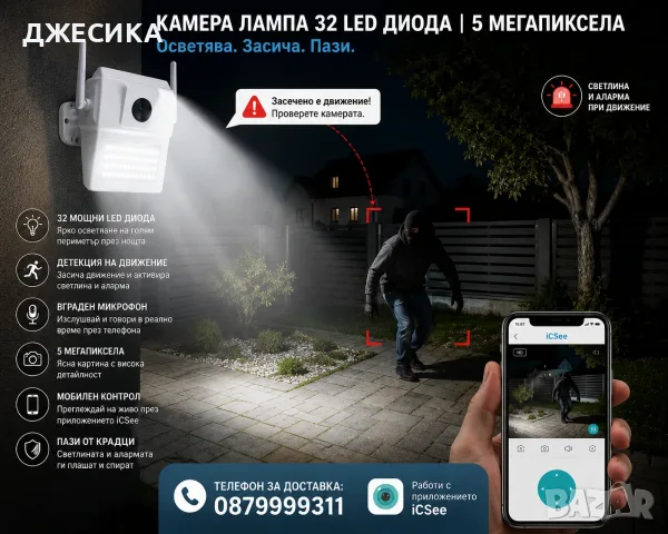 FullHD WiFi камера LED градинско осветление видеонаблюдение iCSee, снимка 3 - HD камери - 55539610