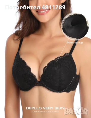 Сутиен с дантела и банели с подплънки, дълбоко V образно деколте, цвят - черен, размер - 38F