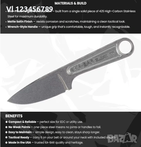 Кован от гаечен ключ 3" стоманен нож KA-BAR, снимка 6 - Ножове - 55056206