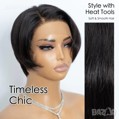 Къса черна перука с дантела 13x4 - скосен боб, естествен ефект, снимка 6 - Аксесоари за коса - 54055365