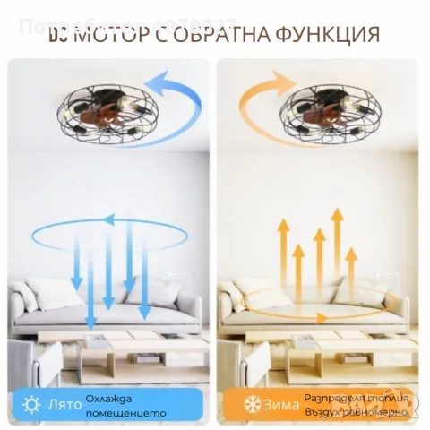1бр/ Вентилатор за таван с LED осветление, 50 см – индустриален стил, енергоспестяващ DC мотор, 6 ск, снимка 4 - Вентилатори - 55335057