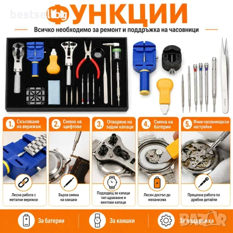 Професионален комплект часовникарски инструмент лупа отвертки пинсета