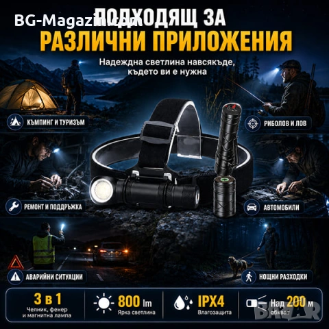 Акумулаторен LED челник за глава фенер и къмпинг лампа с магнит риболов туризъм палатка планинарство, снимка 3 - Къмпинг осветление - 50938353