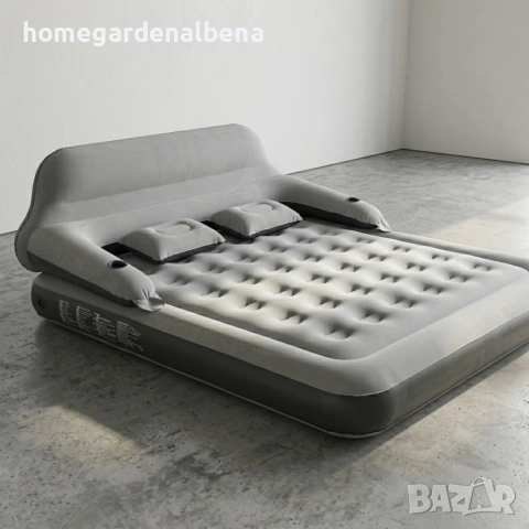 Надуваемо легло Queen Size с облегалка и възглавници, 202x152x70 см, до 250 кг, бежов, снимка 2 - Надуваеми легла - 54687308