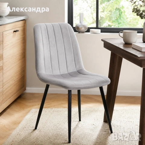 Трапезен стол от сиво кадифе и черни метални крака, до 120кг, снимка 2 - Столове - 54693779