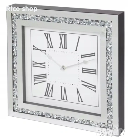 СРЕБЪРЕН ОГЛЕДАЛЕН СТЕНЕН ЧАСОВНИК С БЛЯСЪК И КАМЪНИ