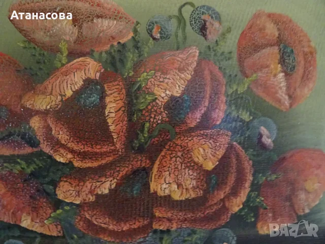 Авторска картина "Ваза с цветя Макове" акрил 1960 г, снимка 5 - Картини - 55405303