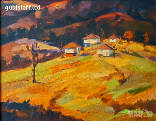 Картина, пейзаж, къщи, худ. Цецин, 1976 г., снимка 2 - Картини - 54413892