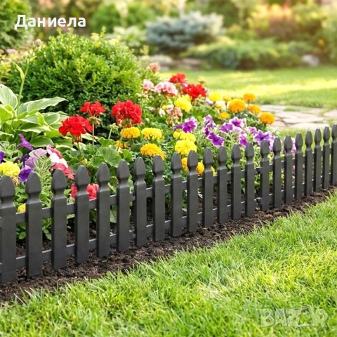 Градинска декоративна ограда, 4 части, 49x21 см, UV устойчива пластмаса, сива, снимка 2 - Декорация за дома - 54779619
