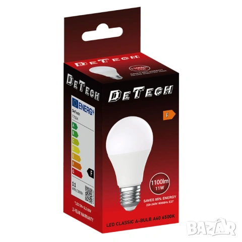 LED Крушка DeTech A60 E27, 11W, 6500K, 1050lm, Студена Бяла Светлина, снимка 2 - Лед осветление - 54821326