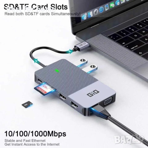 USB докинг станция Giq USB C Hub USB 3.0 към Dual HDMI VGA адаптер за три дисплея и монитори , снимка 5 - Друга електроника - 54885872