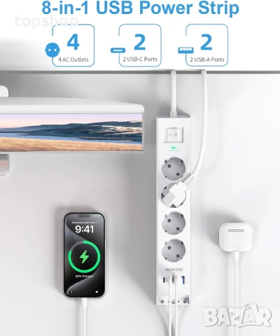 Чисто нов смарт разклонител 8 в 1 с USB-C портове и защита от пренапрежение  Продавам чисто нов..., снимка 2 - Други - 54886446