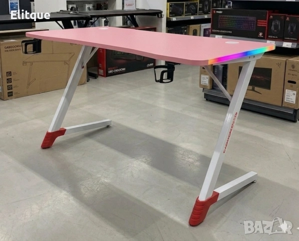 Розово геймърско бюро с RGB LED осветление, 140см, Карбоново покритие и стойка за слушалки и напитки