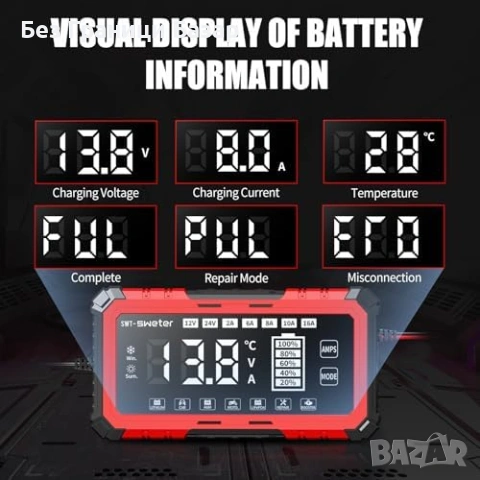 Ново 16A смарт зарядно за акумулатор 12V 24V LiFePO4 AGM GEL кола автомобил, снимка 3 - Друга електроника - 54045697