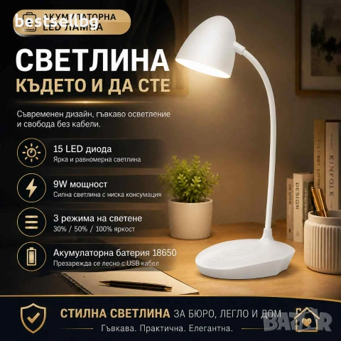 Стилна и мощна акумулаторна настолна нощна лампа с LED осветление мощност 9W три режима на сила на с