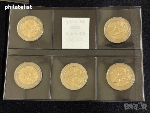 Германия 2026 – 2 евро – комплектен сет Конрад Аденауер (ADFGJ), снимка 4 - Нумизматика и бонистика - 54220156