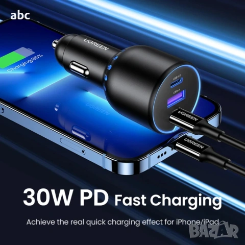 UGREEN 130W супер бързо зарядно за кола – 3 порта (USB-C & USB-A), снимка 6 - Аксесоари и консумативи - 54613577