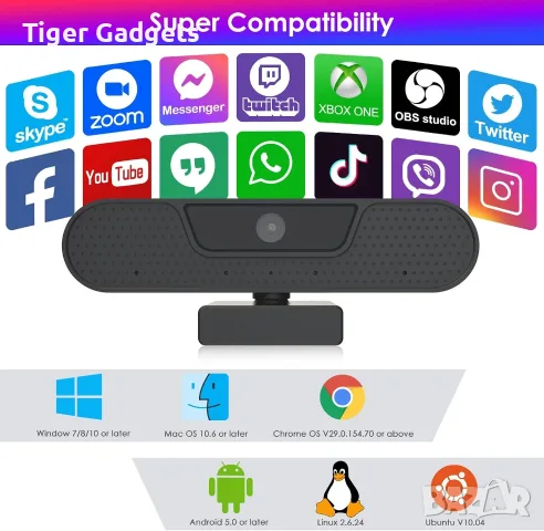 Уеб камера VIZOLINK W8GS 4K/1080P с автофокус, 4 микрофона и капаче за поверителност, снимка 6 - Камери - 55671118