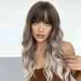 60 см чуплива перука кафяви корени с пепеляво руси краища с бретон, снимка 2