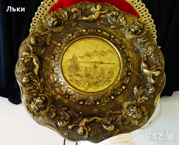 Бронзова чиния с лъвски глави,ангели,пейзаж,печат. , снимка 6 - Антикварни и старинни предмети - 54728388