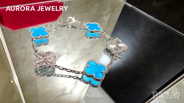 Van Cleef & Arpels VCA 5 Motifs Silver Blue Agate Clear Vintage Alhambra Дамска Гривна