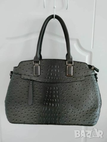 Голяма сива дамска чанта, екокожа