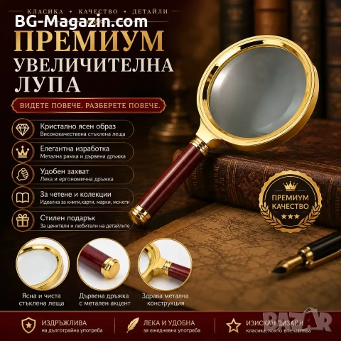 Голяма стъклена увеличителна ръчна лупа 10X увеличение с дръжка за четене на книги професионална